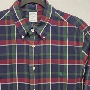 Brooks Brothers Men Large Button Down Shirt Regent Plaid Navy Green Red Long Slv